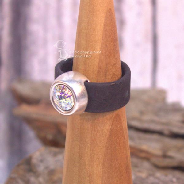 Damenring mit Kork-Band schwarz und Swarovski-Stein breit