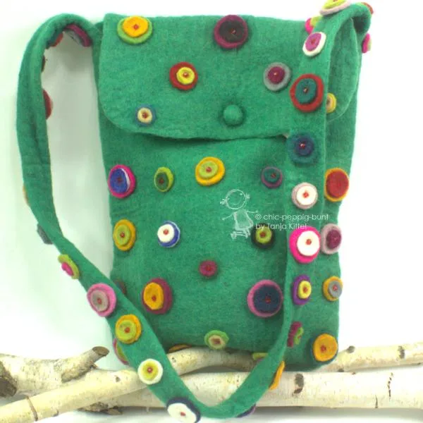 Filz-Umhängetasche XL mit bunten Punkten - filz handtasche gross grün punkte