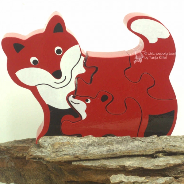 Holzpuzzle 3 D als Fuchs mit Baby rosa