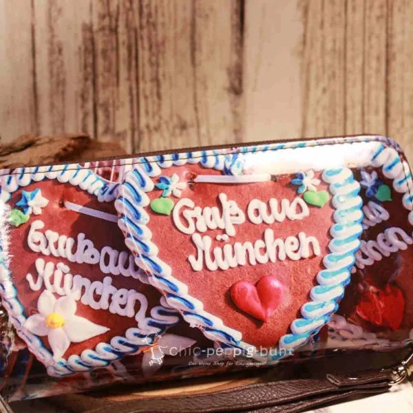 Geldbeutel gross Lebkuchenherz Kunstleder braun - geldbeutel gross kunstleder motiv bayrisch muenchen braun lebkuchenherz