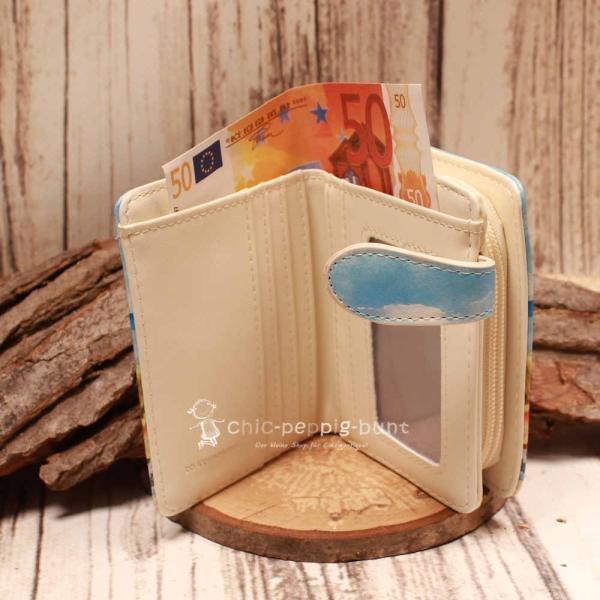 Offene Geldbörse mit 5 Kartenfächern, Sichtfenster für Fotos und großem Fach für Geldscheine.