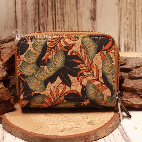 Geldbeutel klein - Kork braun Blätter Motiv bunt 16 Fächer