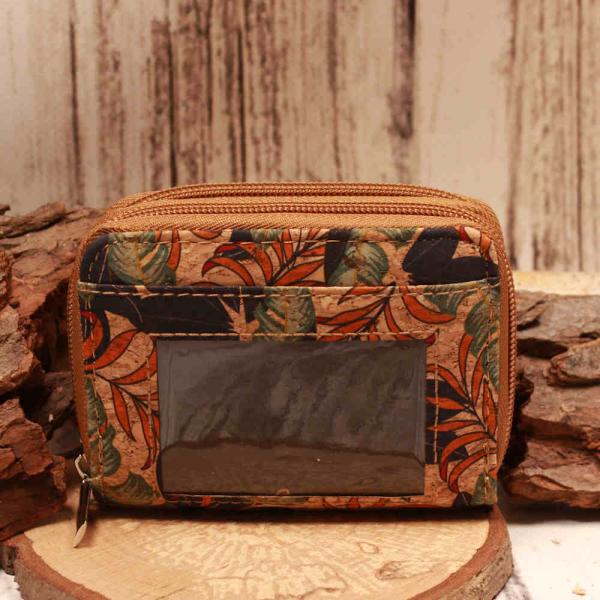 Geldbeutel klein - Kork braun Blätter Motiv bunt 16 Fächer