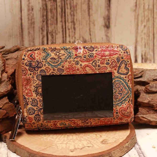 Geldbeutel klein - Kork braun Herzen Motiv bunt 16 Fächer