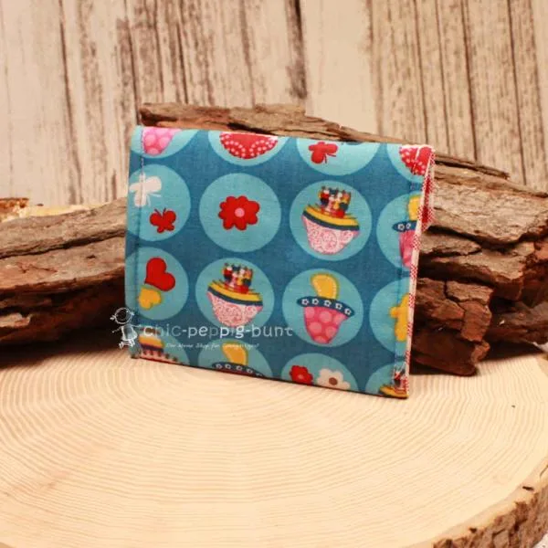 Geldbeutel mini - Stoff - 1 Fach blau mit Herzen und Blumen - geldbeutel mini kinder stoff 1fach druckknopf blau herz bunt