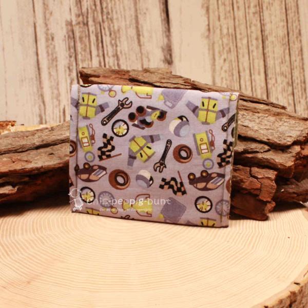 Geldbeutel mini - Stoff - 1 Fach grau mit Autos und Werkzeug Motiv