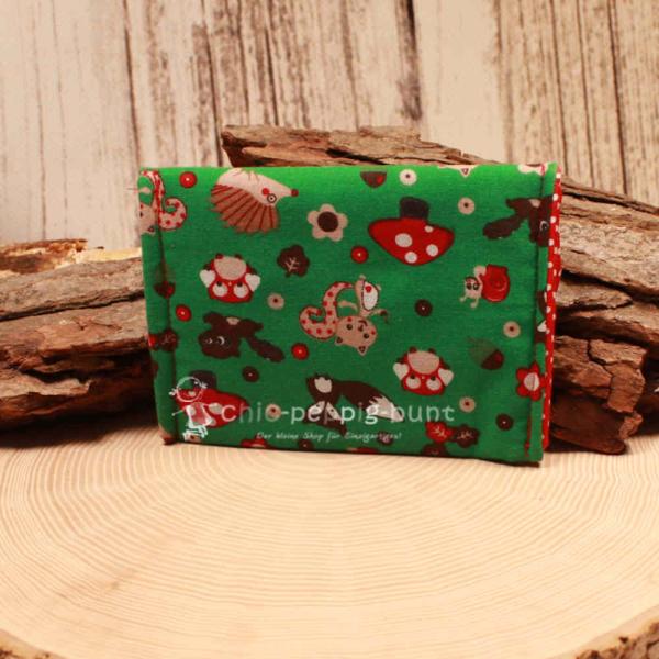 Geldbeutel mini - Stoff - 1 Fach grün Motiv Igel - Eichhörnchen