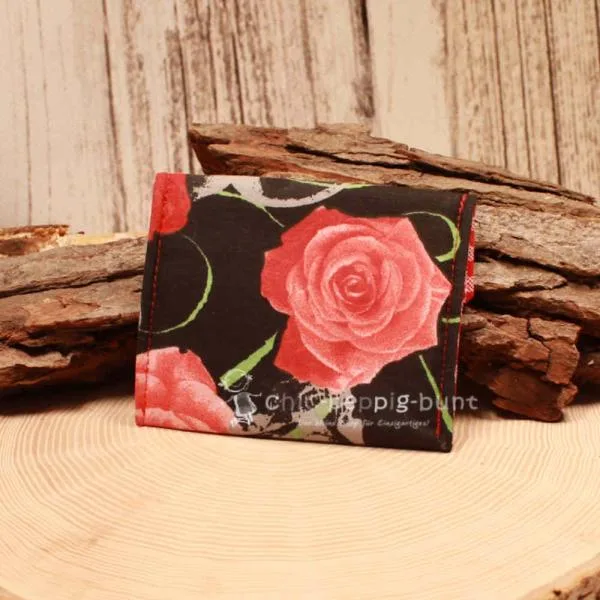 Geldbeutel mini - Stoff - 1 Fach schwarz Motiv Rosen - Blumen - geldbeutel mini kinder stoff 1fach druckknopf schwarz blumen rot