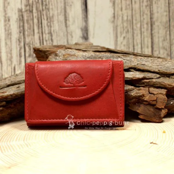 Mini Geldbeutel Geldbörse Portemonnais Leder Rot Baum Motiv Druckknopf 10cm
