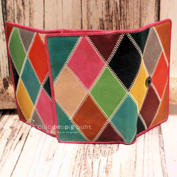 Geldbeutel mittelgroß buntes Leder - 19 Fächer Rautenmotiv
