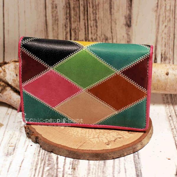 Geldbeutel mittelgroß buntes Leder - 19 Fächer Rautenmotiv