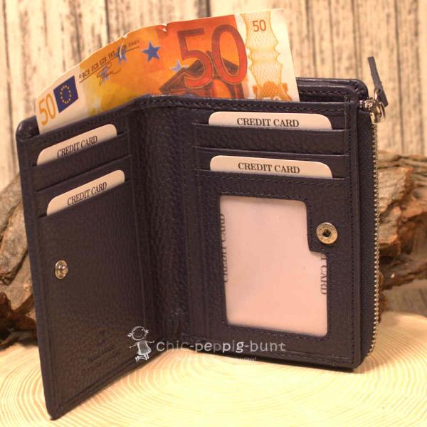 Brieftasche unisex aus Leder geöffnet mit Reißverschlussfach und Kartenfächern. Brieftasche unisex aus Leder geöffnet mit Reißverschlussfach und Kartenfächern.