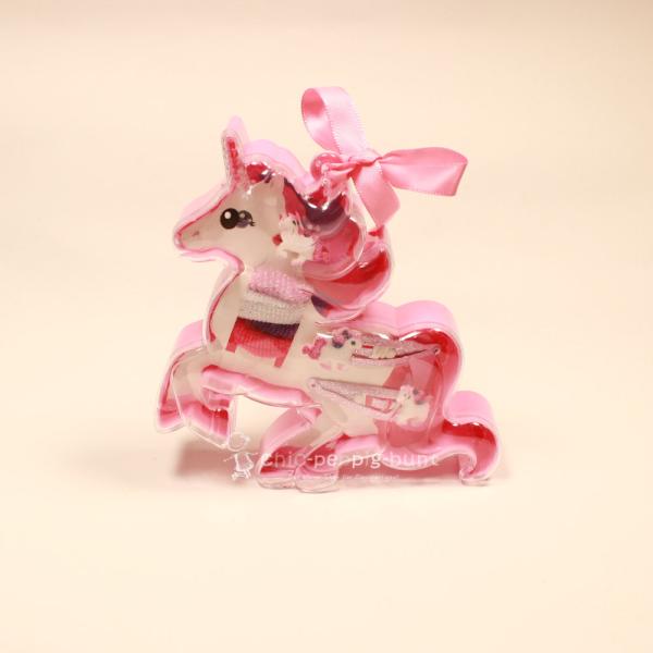 Einhorn-Frisier-Zauber-Box mit Haarspangen, Haargummis & Ring, rosa Glitzer-Accessoires, transparente Verpackung, Einhorn-Form.