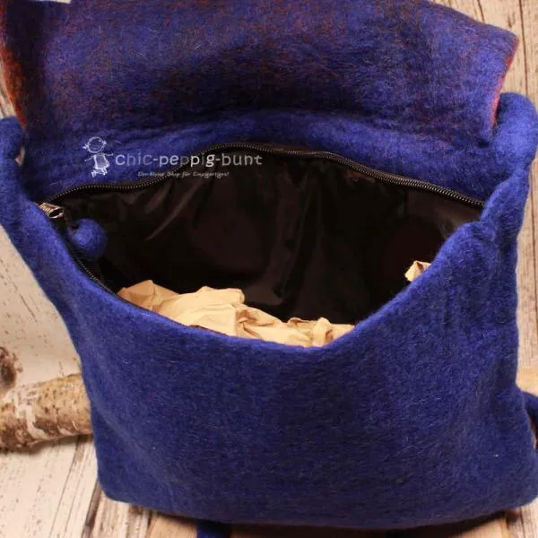 Umhängetasche filz blau 1 Fach Reisverschluss - handtasche filz blatt gross blau 1fach