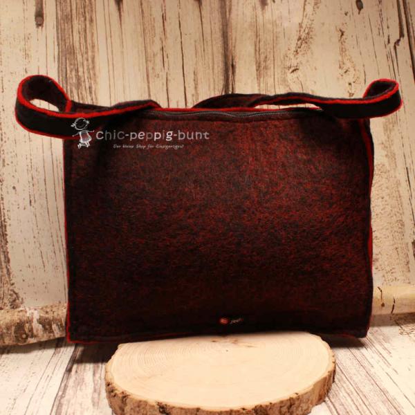 Umhängetasche filz rot - schwarz Bommeln pink/lila