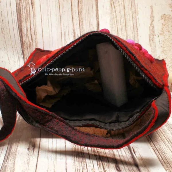 Umhängetasche filz rot - schwarz Bommeln pink/lila - handtasche filz xxl gross rot schwarz bommeln 1fach