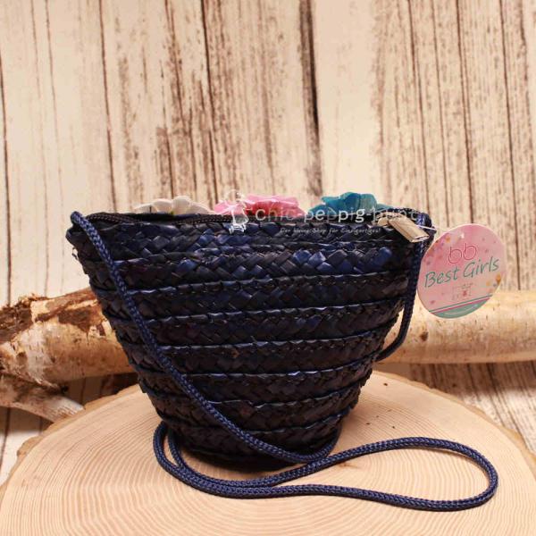 Handtasche Kinder Basttasche dunkelblau 3 Blumen