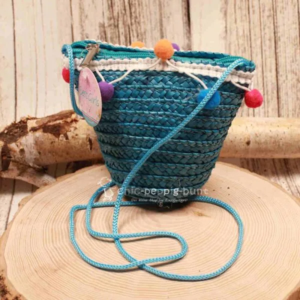 Handtasche Kinder Basttasche türkis mit bunten Bommeln - handtasche kinder korb rattan 1fach reissverschluss blau bommel