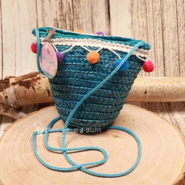Handtasche Kinder Basttasche türkis mit bunten Bommeln - handtasche kinder korb rattan 1fach reissverschluss blau bommel