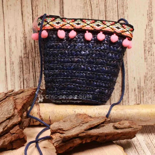 Handtasche Kinder Basttasche blau Bommeln in pink - handtasche kinder korb rattan 1fach reissverschluss klein dunkelblau bommeln