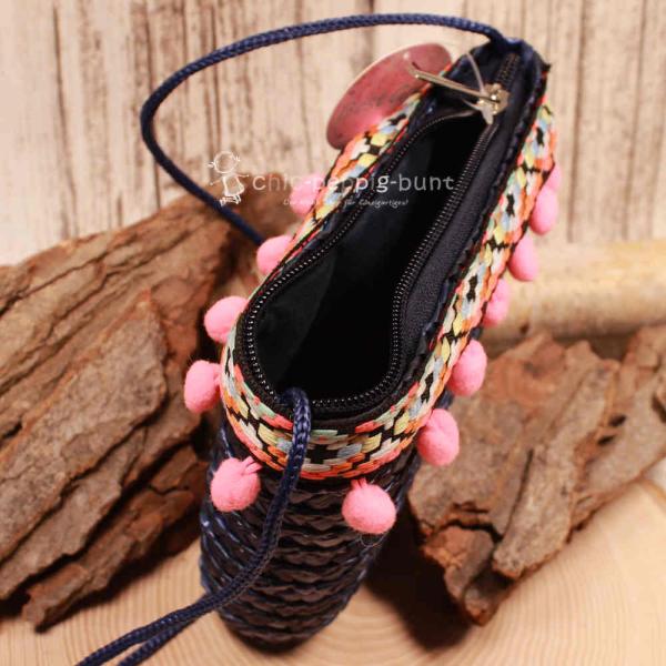 Handtasche Kinder Basttasche blau Bommeln in pink