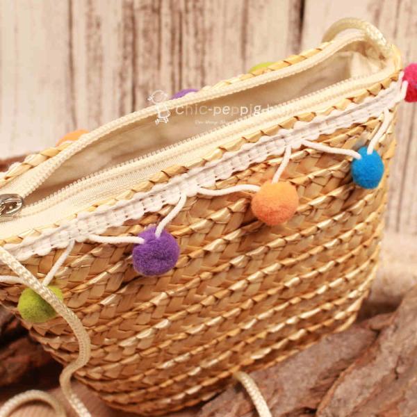 Handtasche Kinder Basttasche natur mit bunten Bommeln