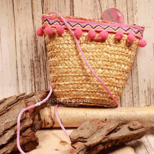 Handtasche Kinder Basttasche natur mit rosa Bommeln - handtasche kinder korb rattan 1fach reissverschluss klein natur bommeln rosa