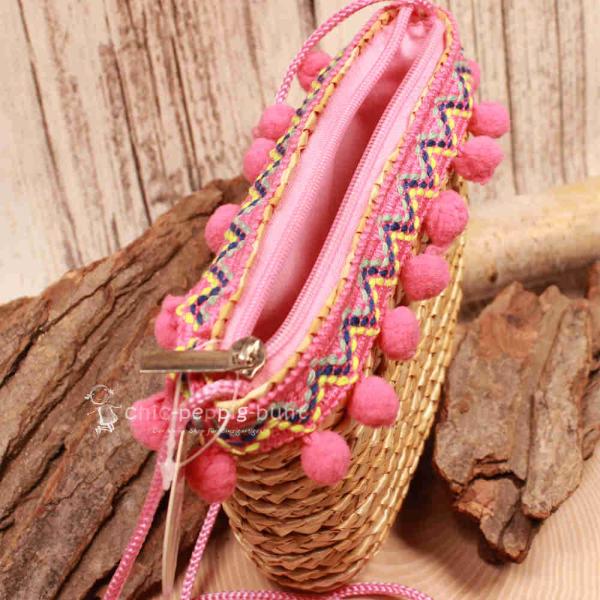 Handtasche Kinder Basttasche natur mit rosa Bommeln
