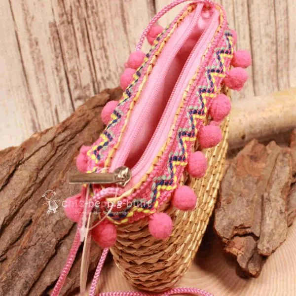 Handtasche Kinder Basttasche natur mit rosa Bommeln - handtasche kinder korb rattan 1fach reissverschluss klein natur bommeln rosa