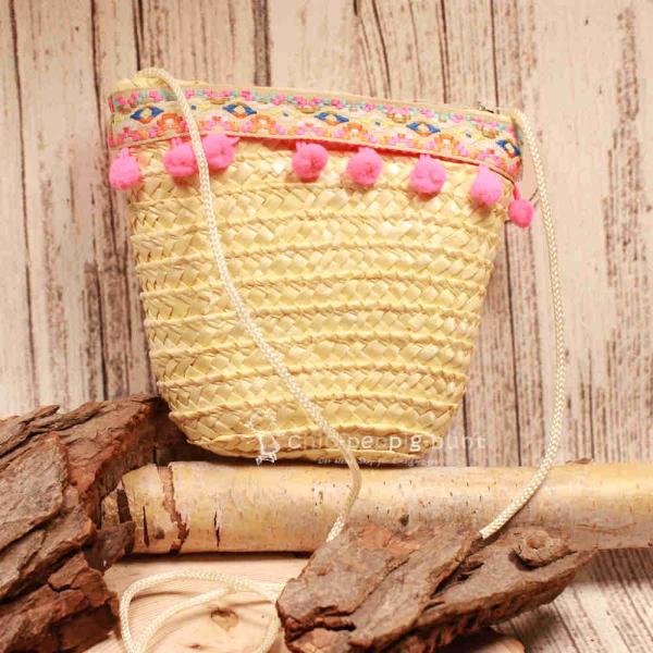 Handtasche Kinder Basttasche natur Bommeln in rosa