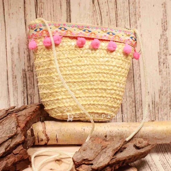 Handtasche Kinder Basttasche natur Bommeln in rosa - handtasche kinder korb rattan 1fach reissverschluss klein natur bommeln rosa borduere