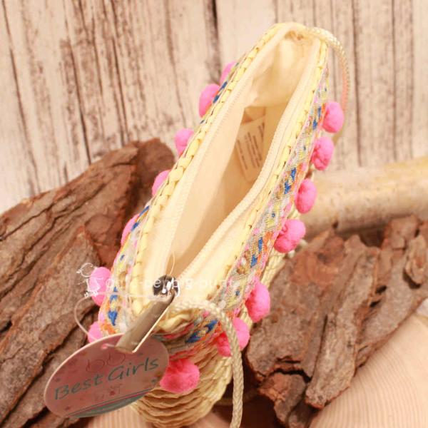 Handtasche Kinder Basttasche natur Bommeln in rosa