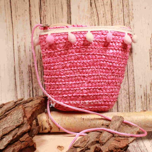 Handtasche Kinder Basttasche rosa mit Bommeln