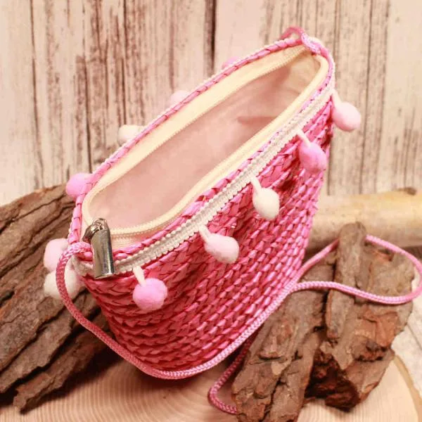 Handtasche Kinder Basttasche rosa mit Bommeln - handtasche kinder korb rattan 1fach reissverschluss klein rosa bommeln