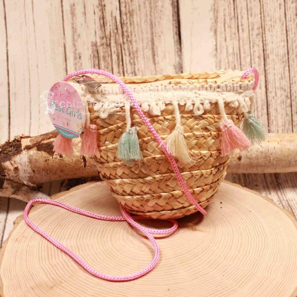 Handtasche Kinder Basttasche natur mit bunte Quasten