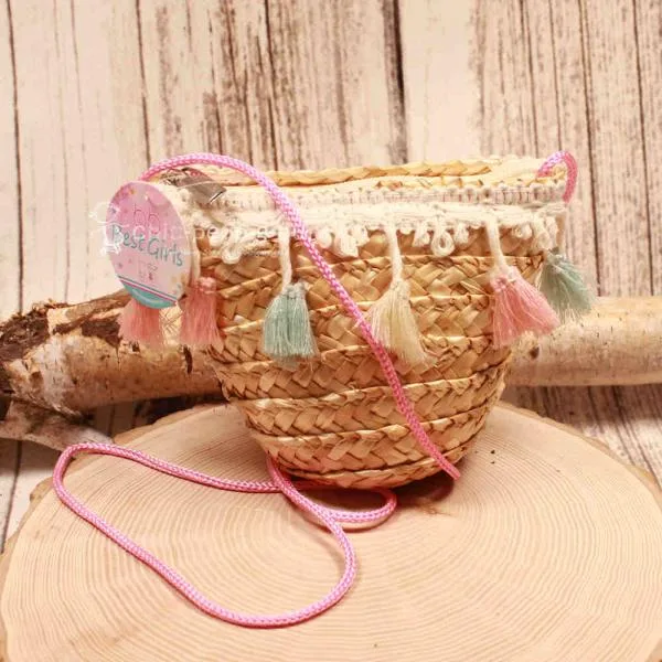 Handtasche Kinder Basttasche natur mit bunte Quasten - handtasche kinder korb rattan 1fach reissverschluss natur puscheln