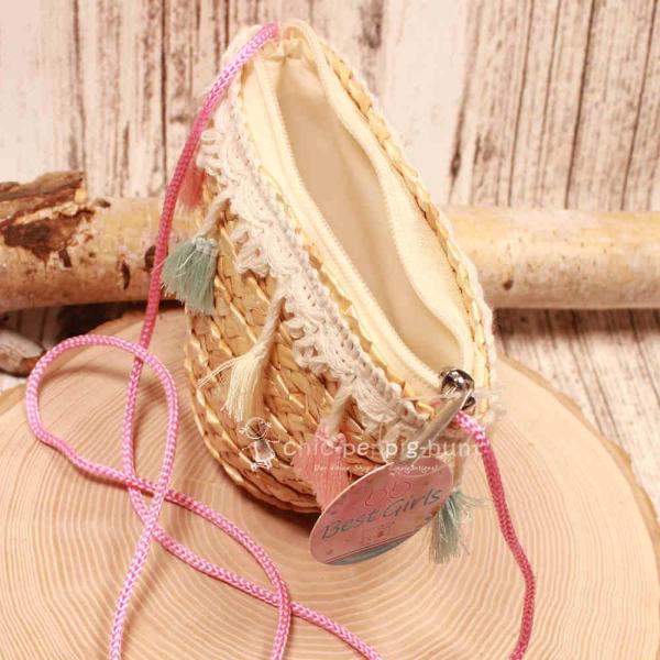Handtasche Kinder Basttasche natur mit bunte Quasten