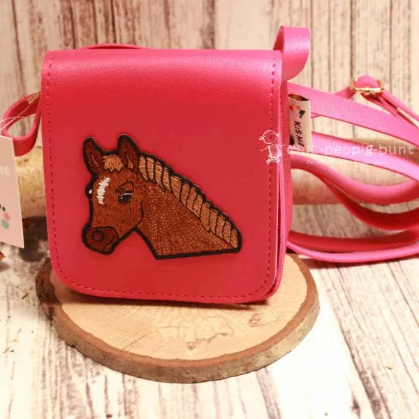 Umhängetasche klein für Kinder in pink Motiv Pferde Kopf - handtasche kinder pferd pink knopfverschluss