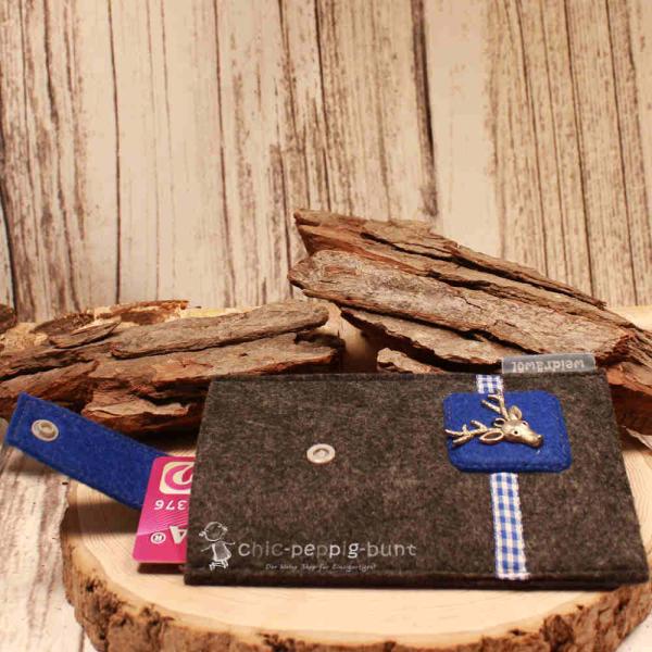 Handytasche Filz dunkelgrau blau Hirsch-Kopf Tracht