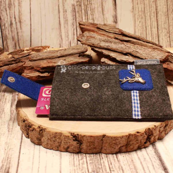 Handytasche Filz dunkelgrau blau Hirsch-Kopf Tracht