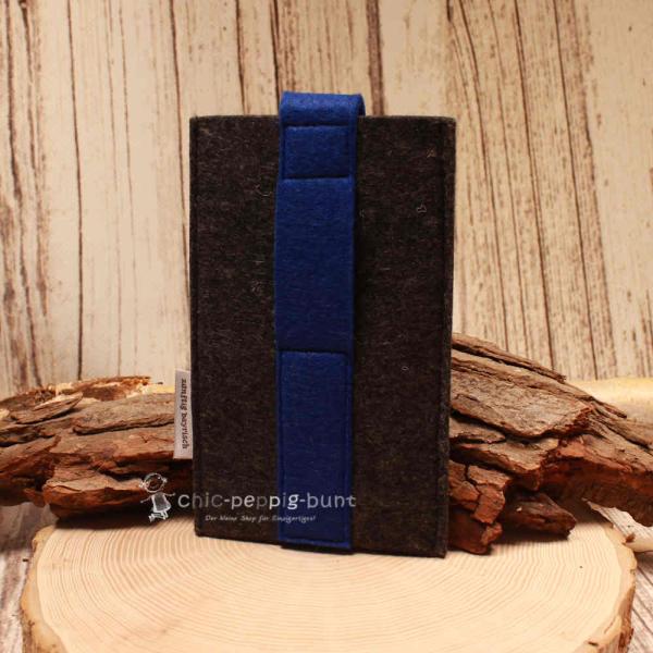 Handytasche Filz dunkelgrau blau Hirsch-Kopf Tracht Klettverschluss