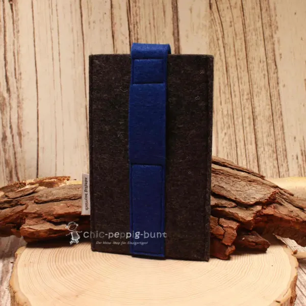 Handytasche Filz dunkelgrau blau Hirsch-Kopf Tracht Klettverschluss - handytasche filz handmade genaeht dunkelgrau blau tracht hirsch klettverschluss