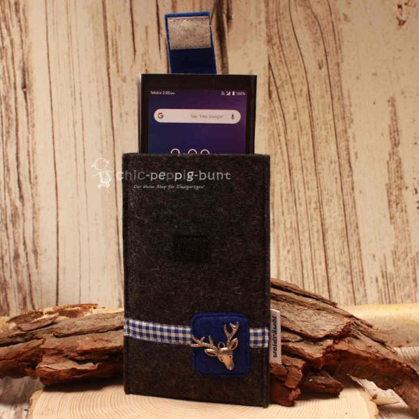 Handytasche Filz dunkelgrau blau Hirsch-Kopf Tracht Klettverschluss