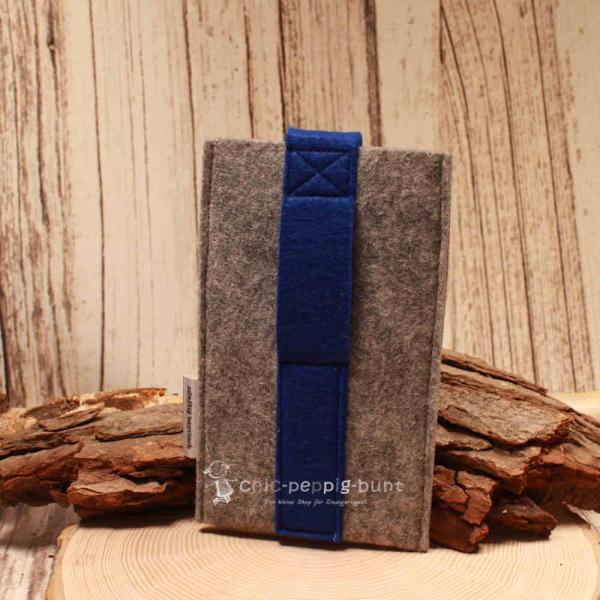 Handytasche Filz hellgrau blau Hirsch-Kopf Tracht Klettverschluss