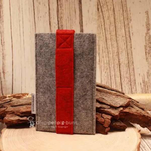 Handytasche Filz hellgrau rot Herz Tracht Klettverschluss - handytasche filz handmade genaeht hellgrau rot tracht herz