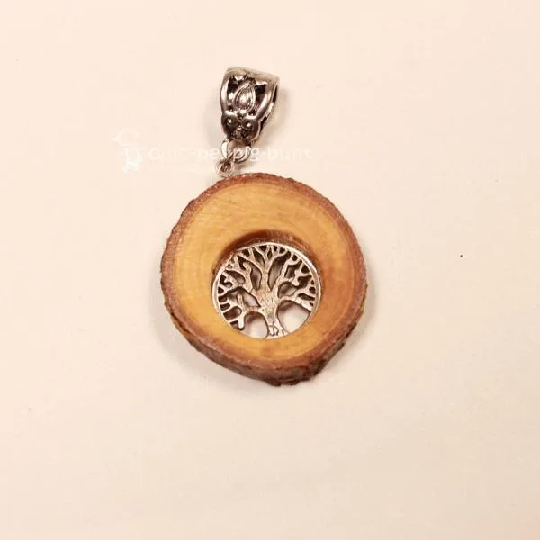 Kettenanhänger Holzscheibe Vogelbeere versilbert Schmuckanhänger Unikat handmade chic-peppig-bunt