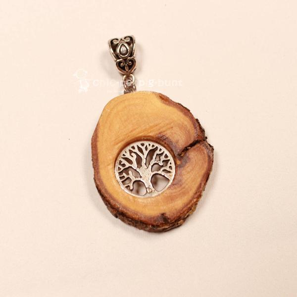 Kettenanhänger Holzscheibe Vogelbeere versilbert Schmuckanhänger Unikat handmade chic-peppig-bunt