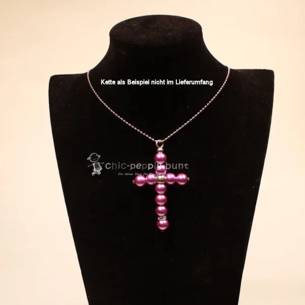XXL Kreuz Kettenanhänger Lila – Versilbertes Perlmutt-Unikat - kettenanhänger gross kreuz perlen handmade metall versilbert polaris lila glänzend (1)