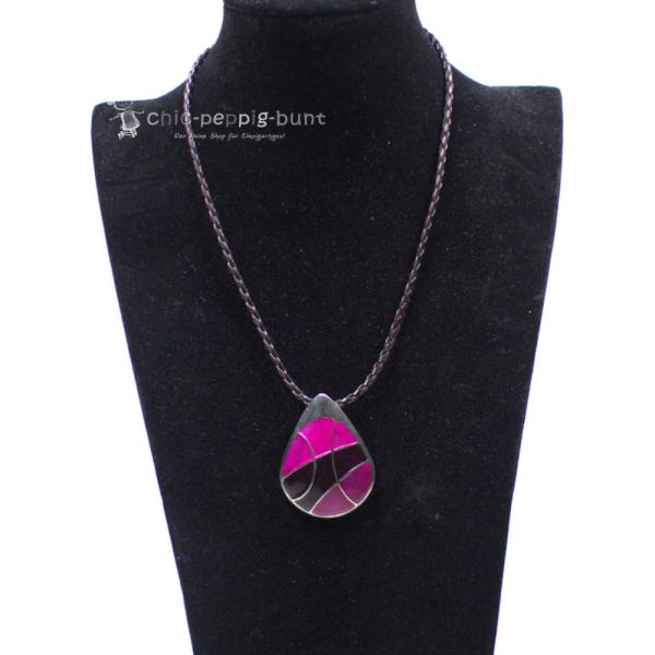 Kettenanhänger Porzellan-Tropfen – Pink & Brombeere versilbert