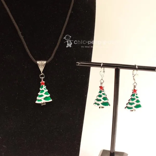 Schmuck-set Ohrringe mit Kettenanhänger Baum - kettenanhaenger ohringe set passend weihnachten handmade versilbert modeschmuck baum